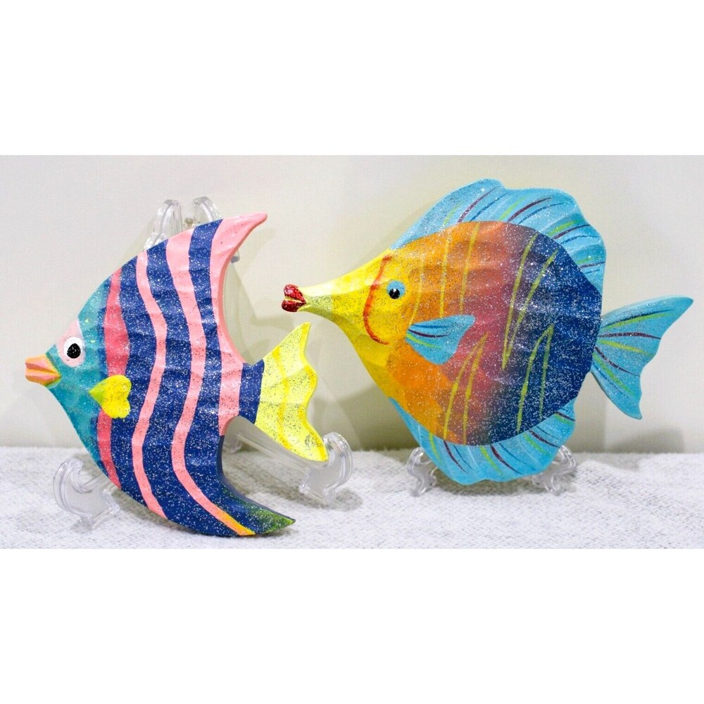 Beachcombers Glitter Fish Plaques Wood Look Resin Nautical Wall Decor Beach